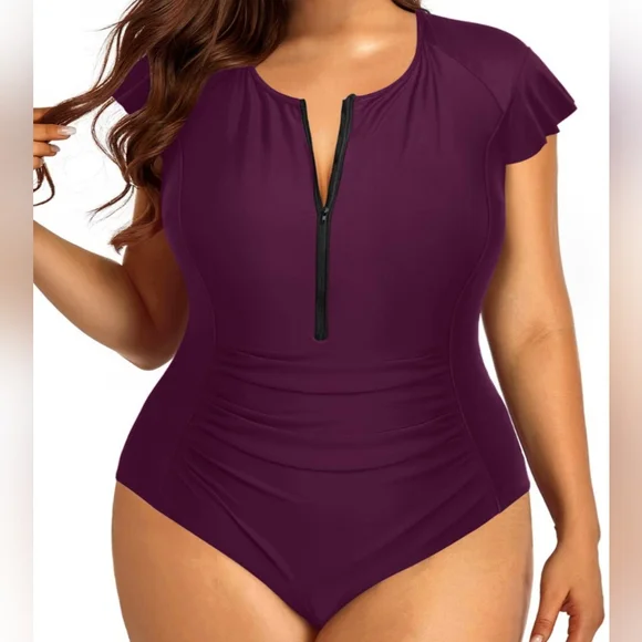 Women's Burgundy One Piece Tummy Control Zip Up Patted Swimsuit-Size 20W- NWOT - Picture 1 of 4